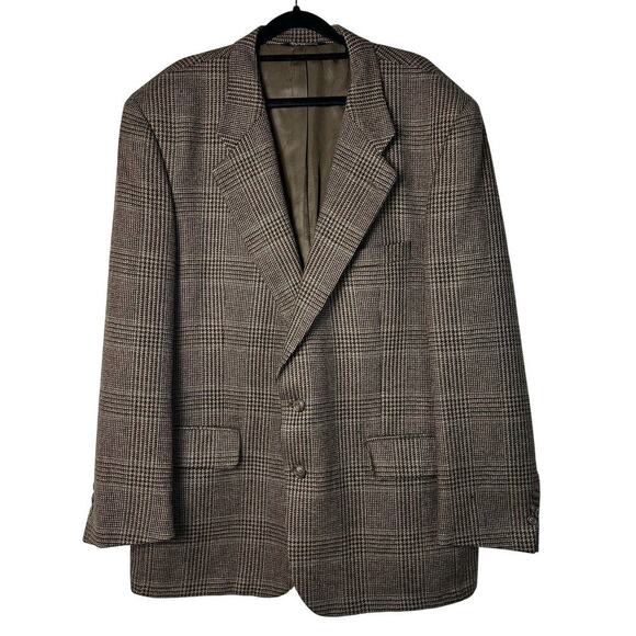 Burberry Sports Coat Suit Jacket Vintage Wool Plaid Houndstooth Brown 50 XL - Picture 1 of 15